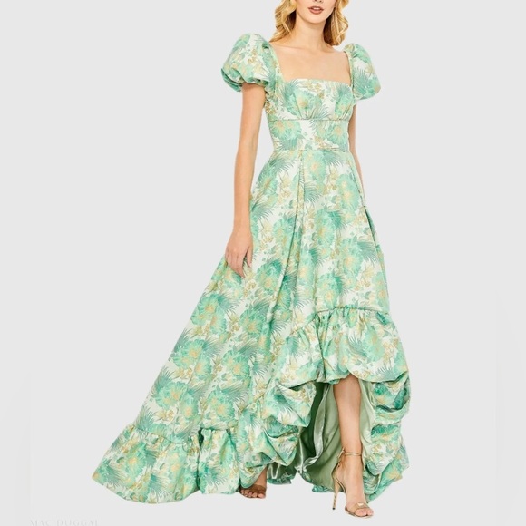 NWT Mac Duggal 68276 Green Floral Print Puff Sleeve High...